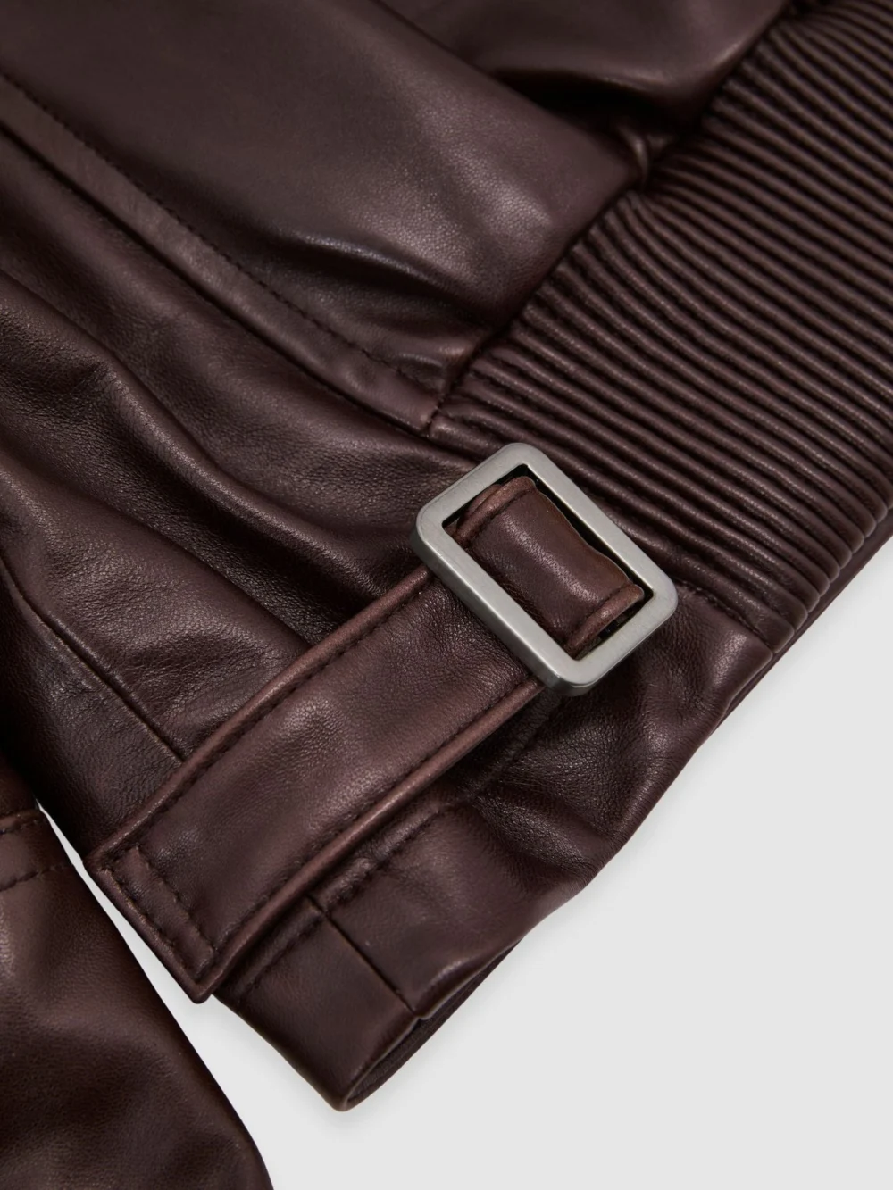 Reiss Chocolate Brown Petite Leather Zip-through Moto Jacket, view 6