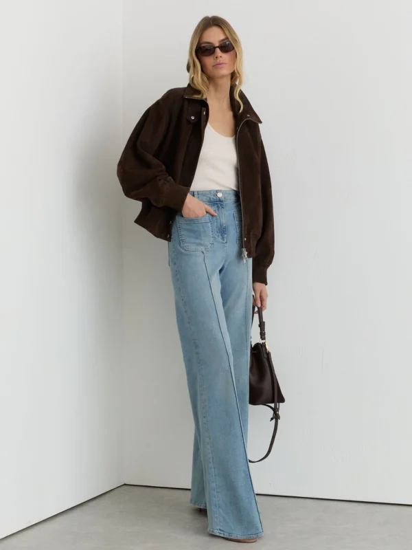 Reiss Chocolate Brown Petite Suede Funnel-neck Bomber Jacket
