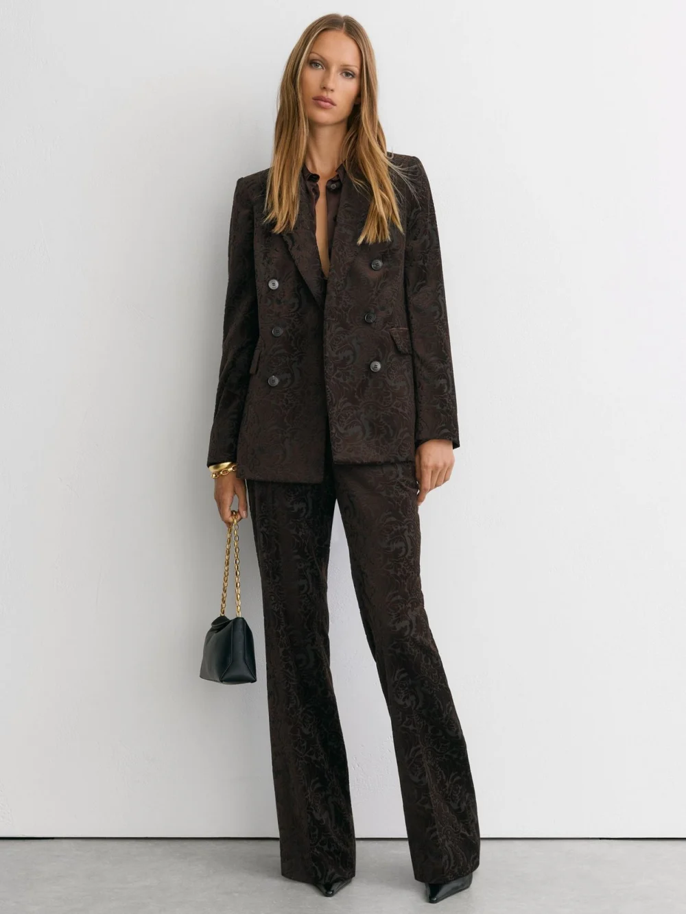 Reiss Chocolate Brown Petite Velvet Flocked Flared Suit Trousers