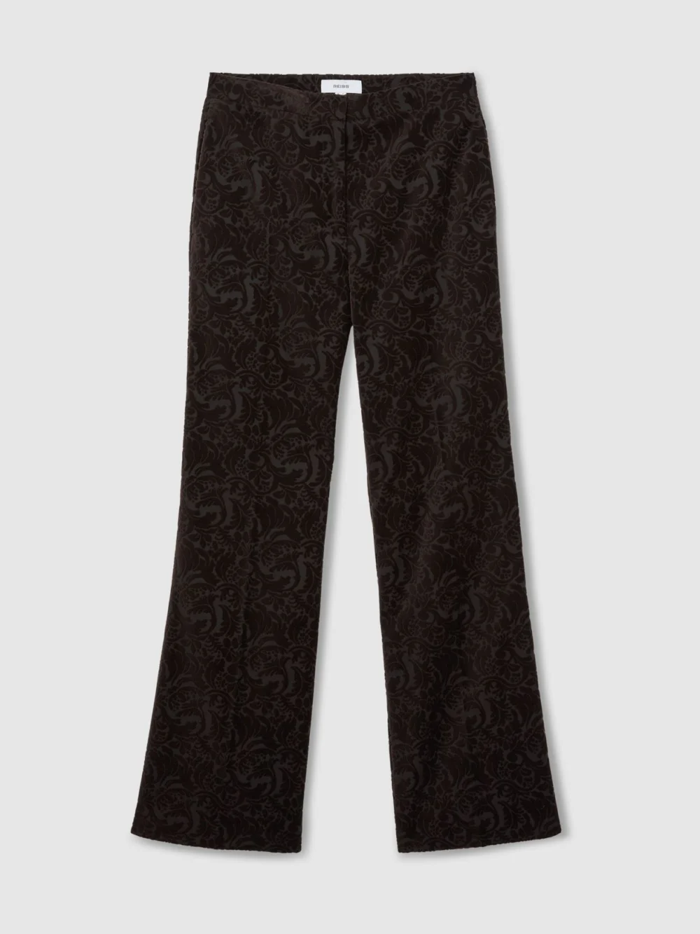Reiss Chocolate Brown Petite Velvet Flocked Flared Suit Trousers, view 2