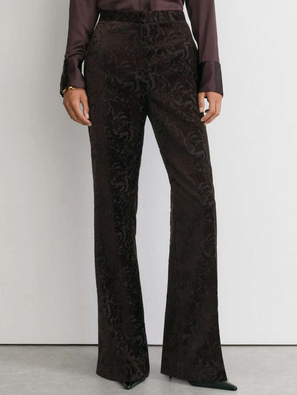 Reiss Chocolate Brown Petite Velvet Flocked Flared Suit Trousers, view 3