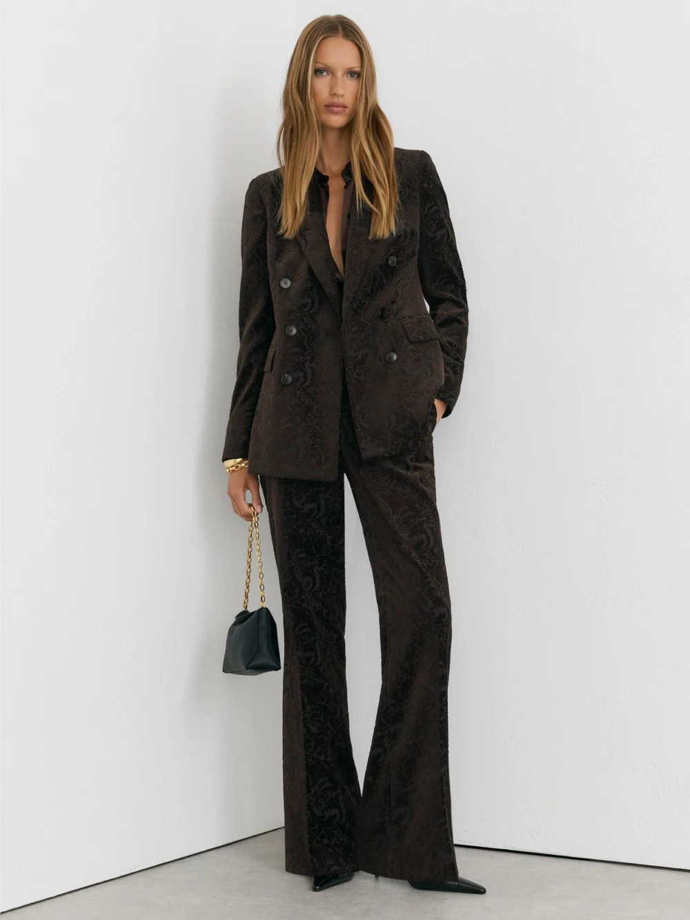 Reiss Chocolate Brown Petite Velvet Flocked Flared Suit Trousers, view 5