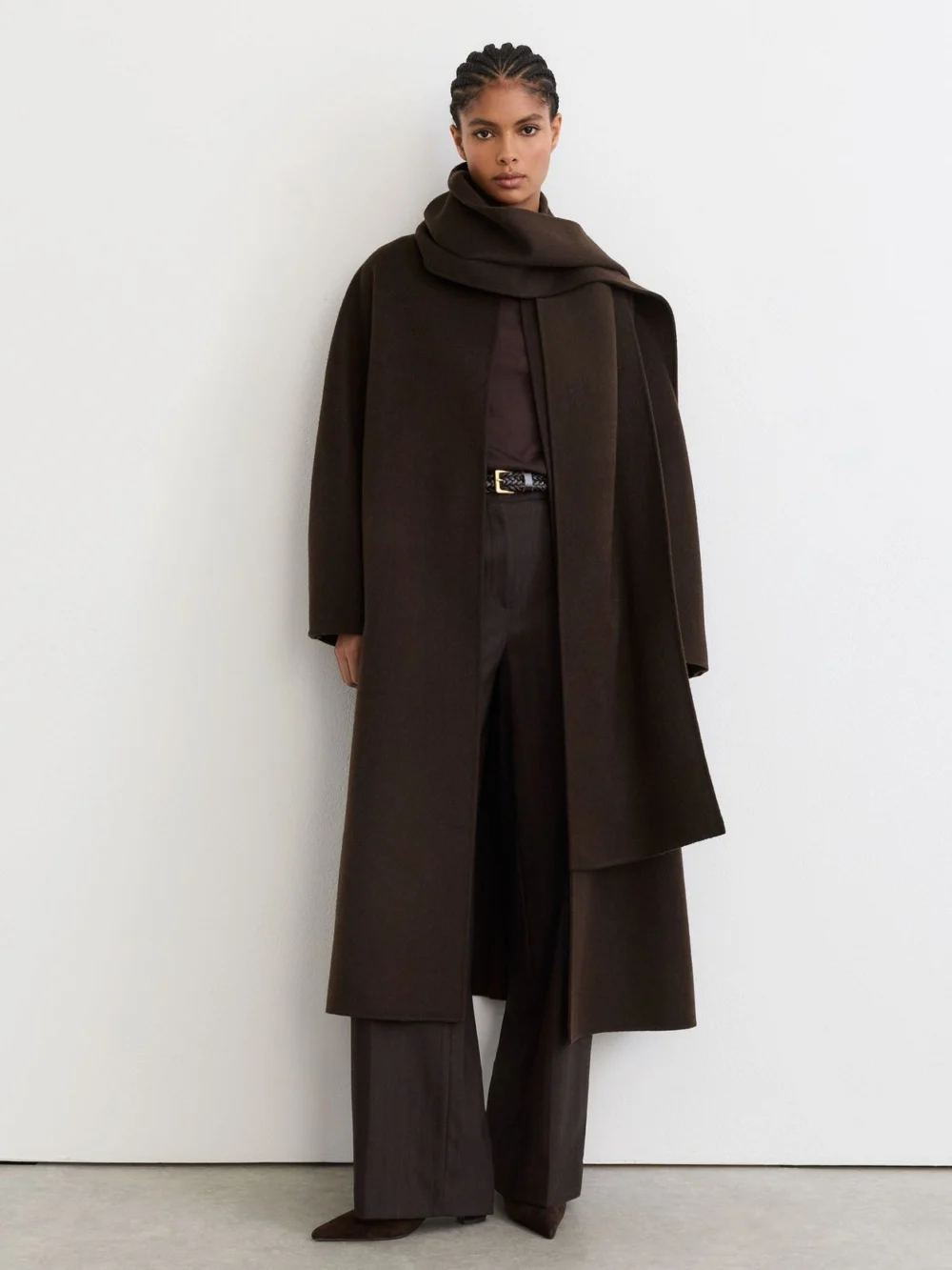 Reiss Chocolate Brown Petite Wool-blend Long Blind-seam Scarf Coat