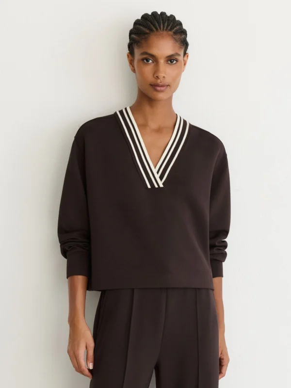Reiss Chocolate Brown Premium Interlock Tipped Cropped Sweatshirt