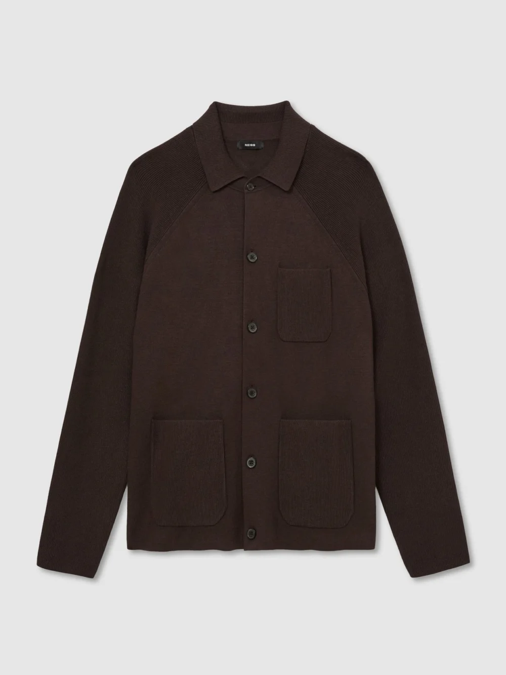Reiss Chocolate Brown Rib-knit Detail Button-through Cardigan, view 2
