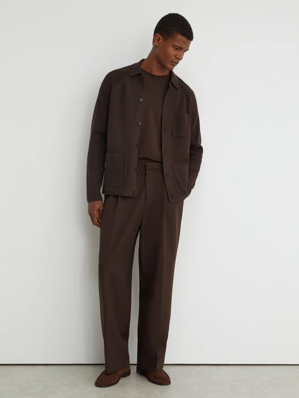 Reiss Chocolate Brown Rib-knit Detail Button-through Cardigan, view 3