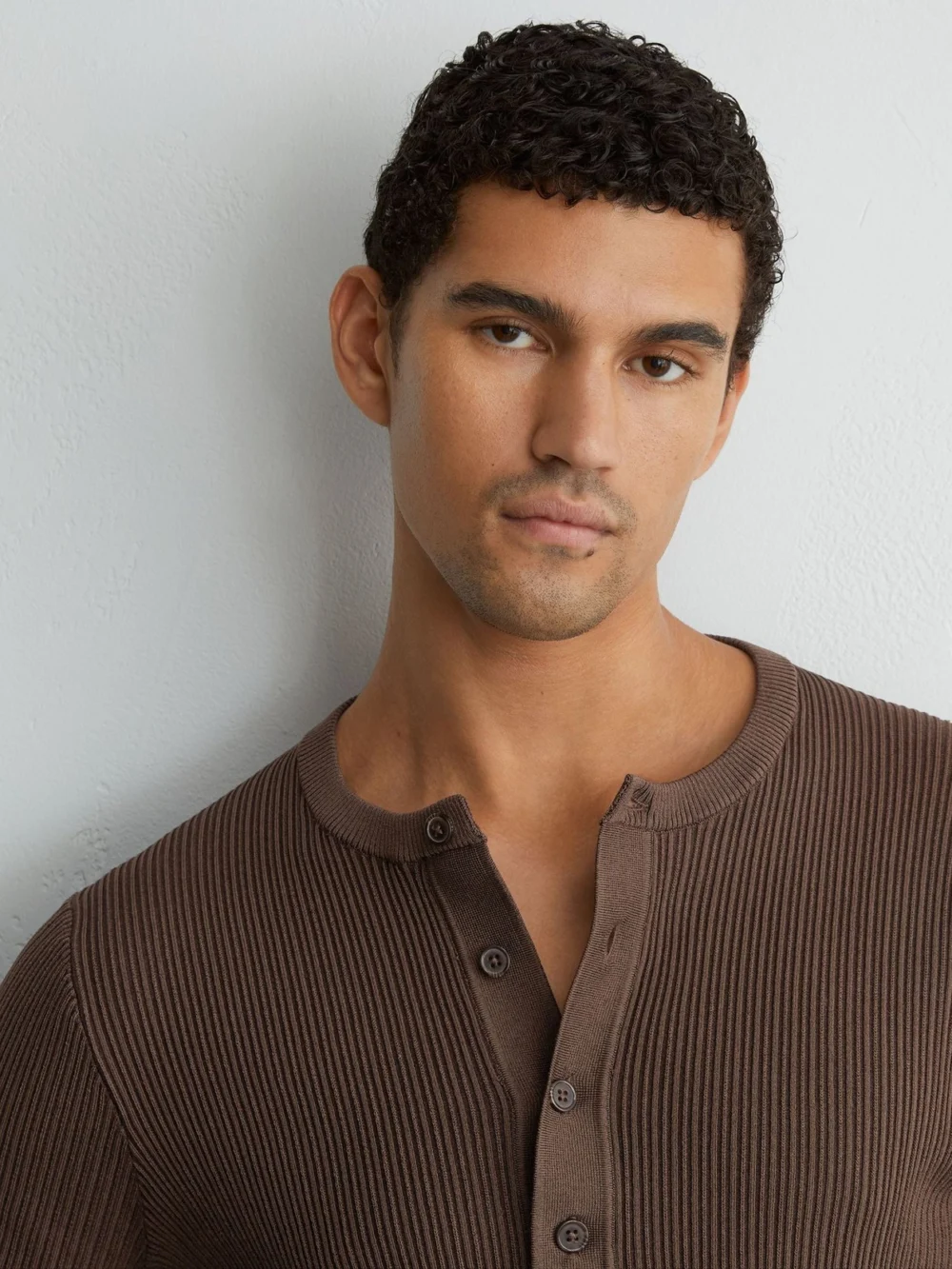 Reiss Chocolate Brown Ribbed Long-sleeve Henley Top