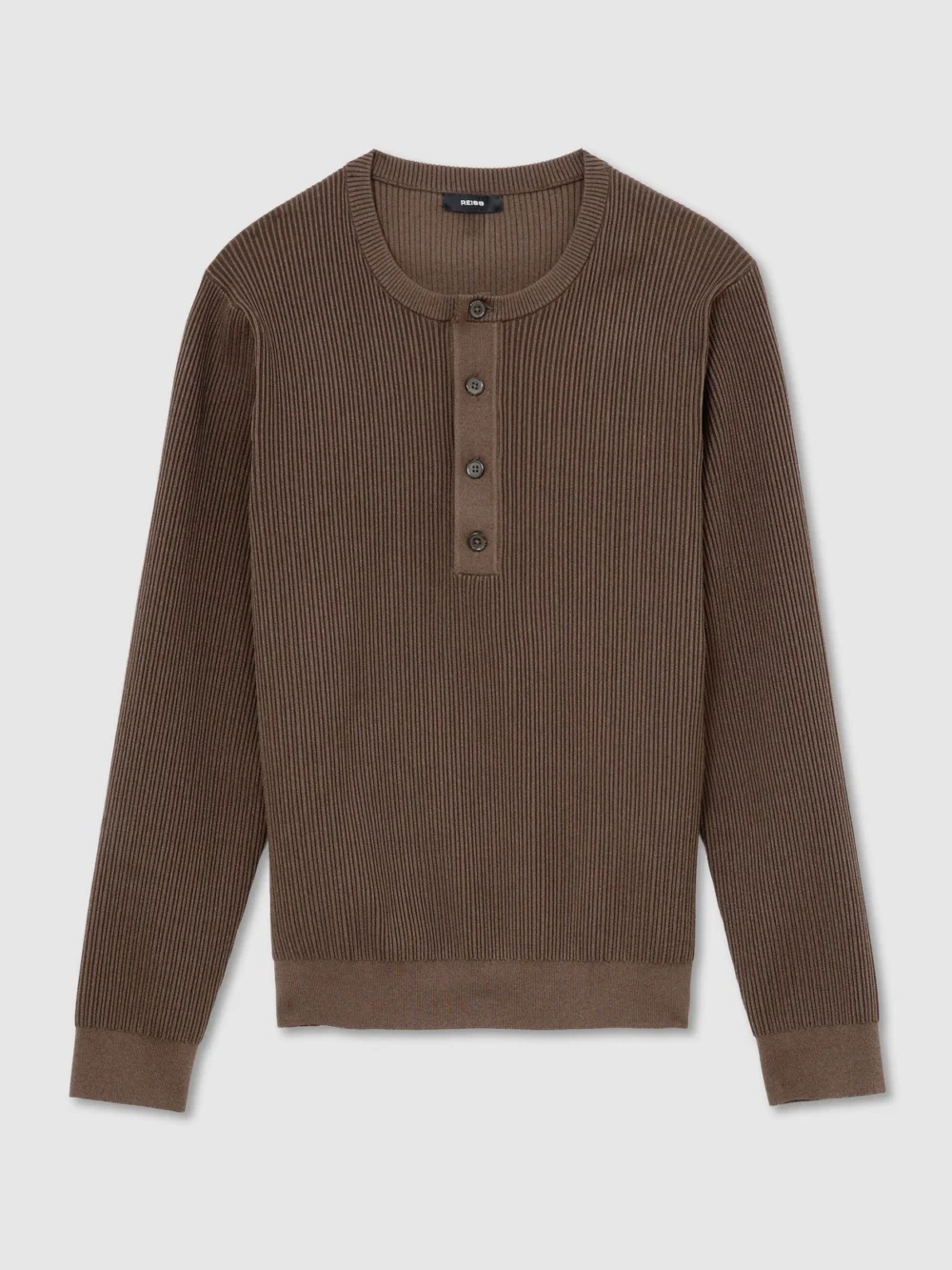 Reiss Chocolate Brown Ribbed Long-sleeve Henley Top, view 2