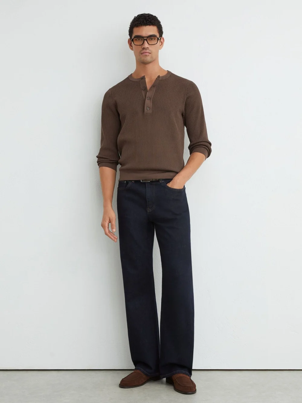 Reiss Chocolate Brown Ribbed Long-sleeve Henley Top, view 3