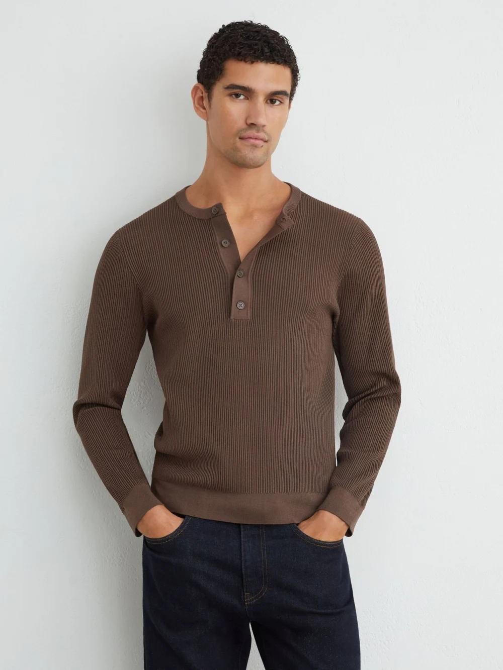 Reiss Chocolate Brown Ribbed Long-sleeve Henley Top, view 4
