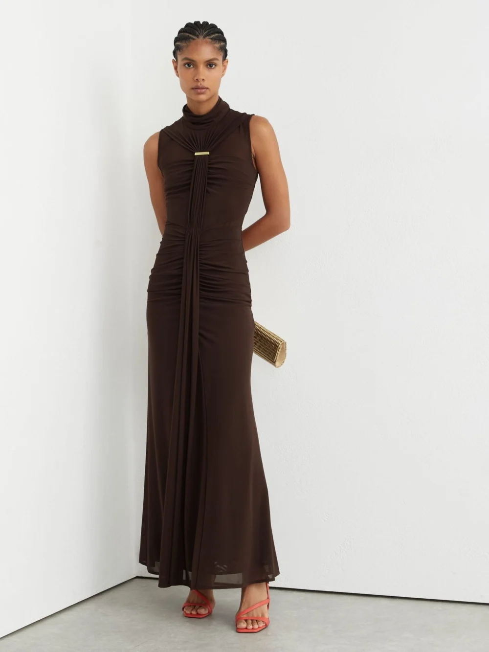 Reiss Chocolate Brown Ruched Sleeveless Maxi Dress