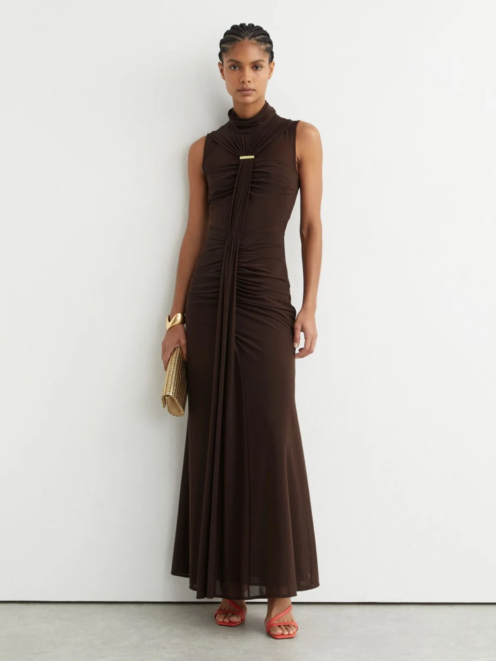 Reiss Chocolate Brown Ruched Sleeveless Maxi Dress, view 5