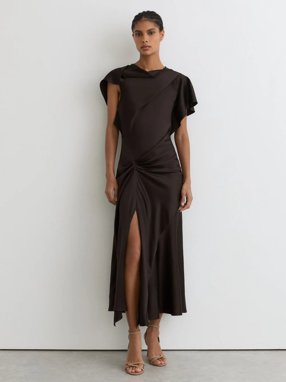 Reiss Chocolate Brown Satin Drape-detail Midi Dress