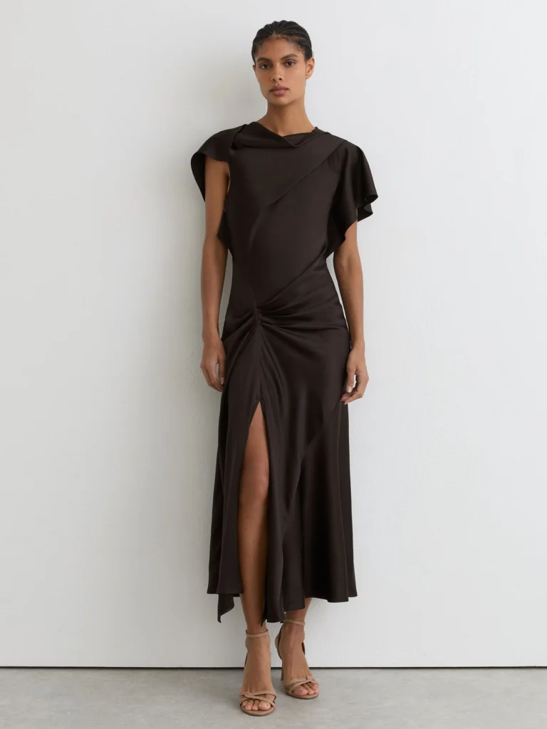 Reiss Chocolate Brown Satin Drape-detail Midi Dress