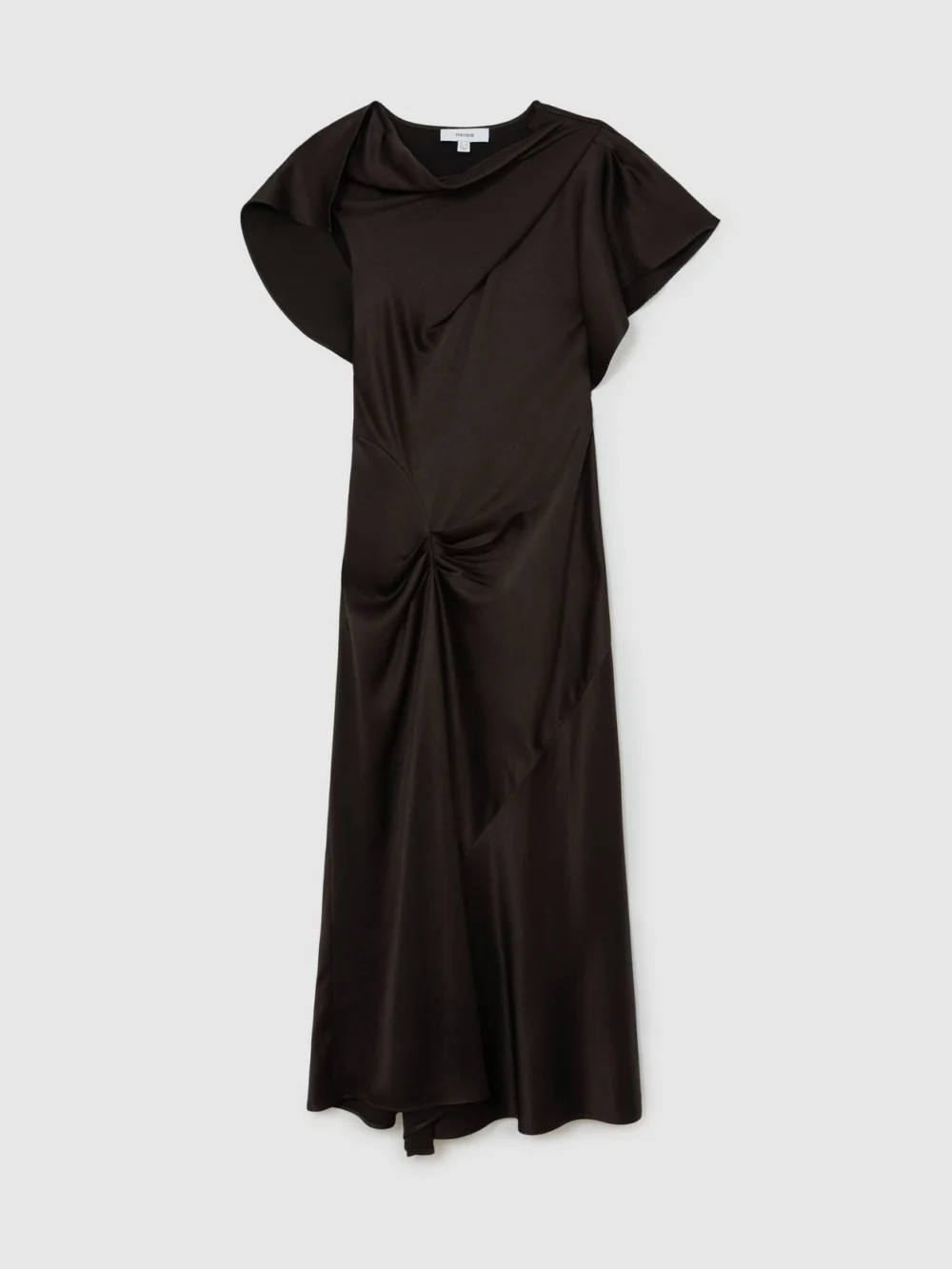 Reiss Chocolate Brown Satin Drape-detail Midi Dress, view 2