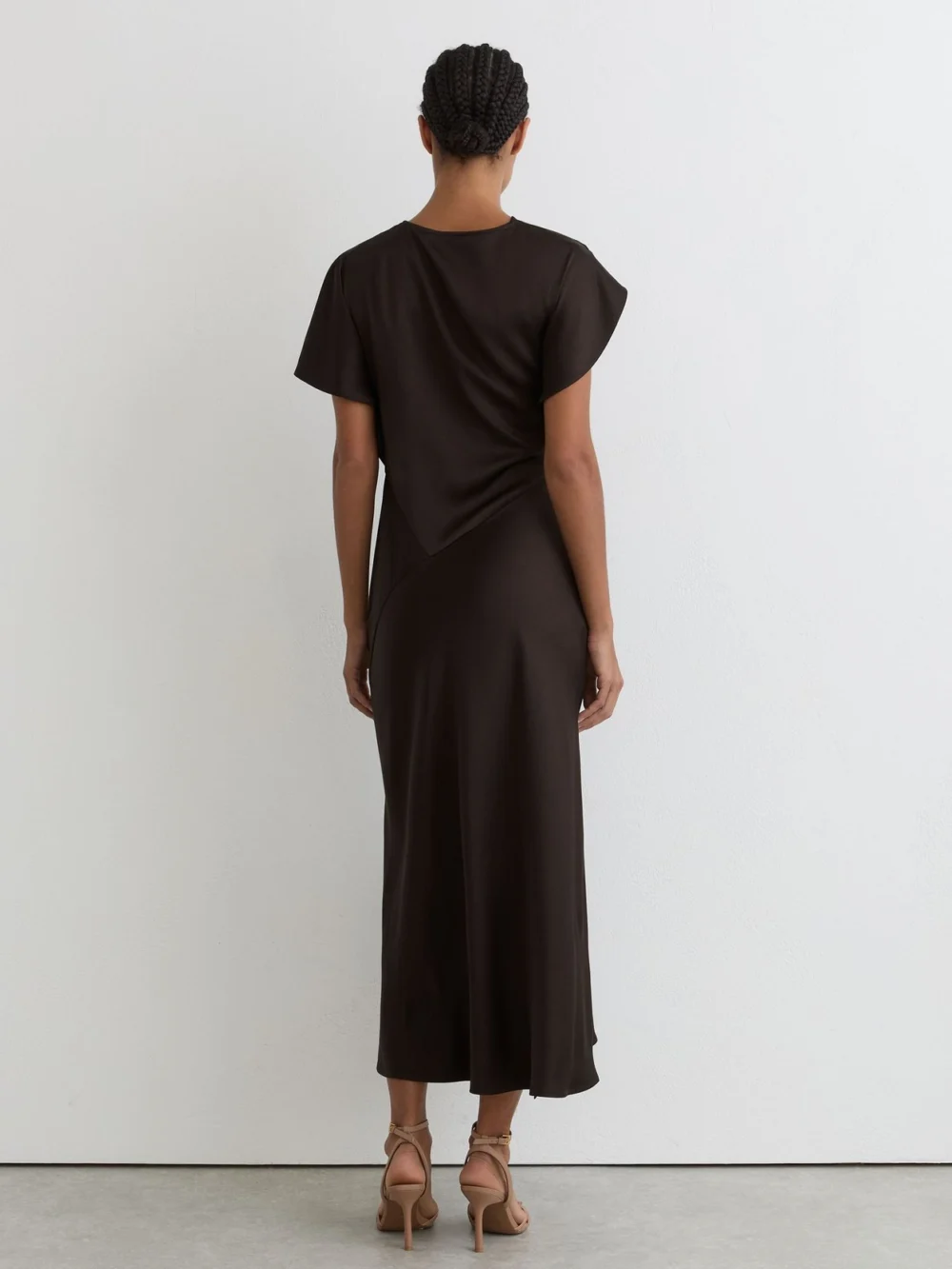 Reiss Chocolate Brown Satin Drape-detail Midi Dress, view 4