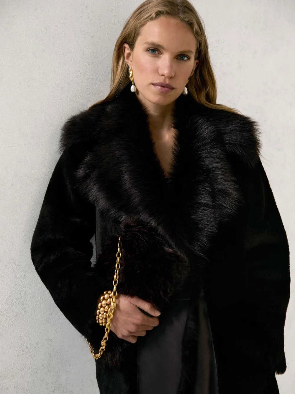 Reiss Chocolate Brown Shearling and Leather Coat, view 3