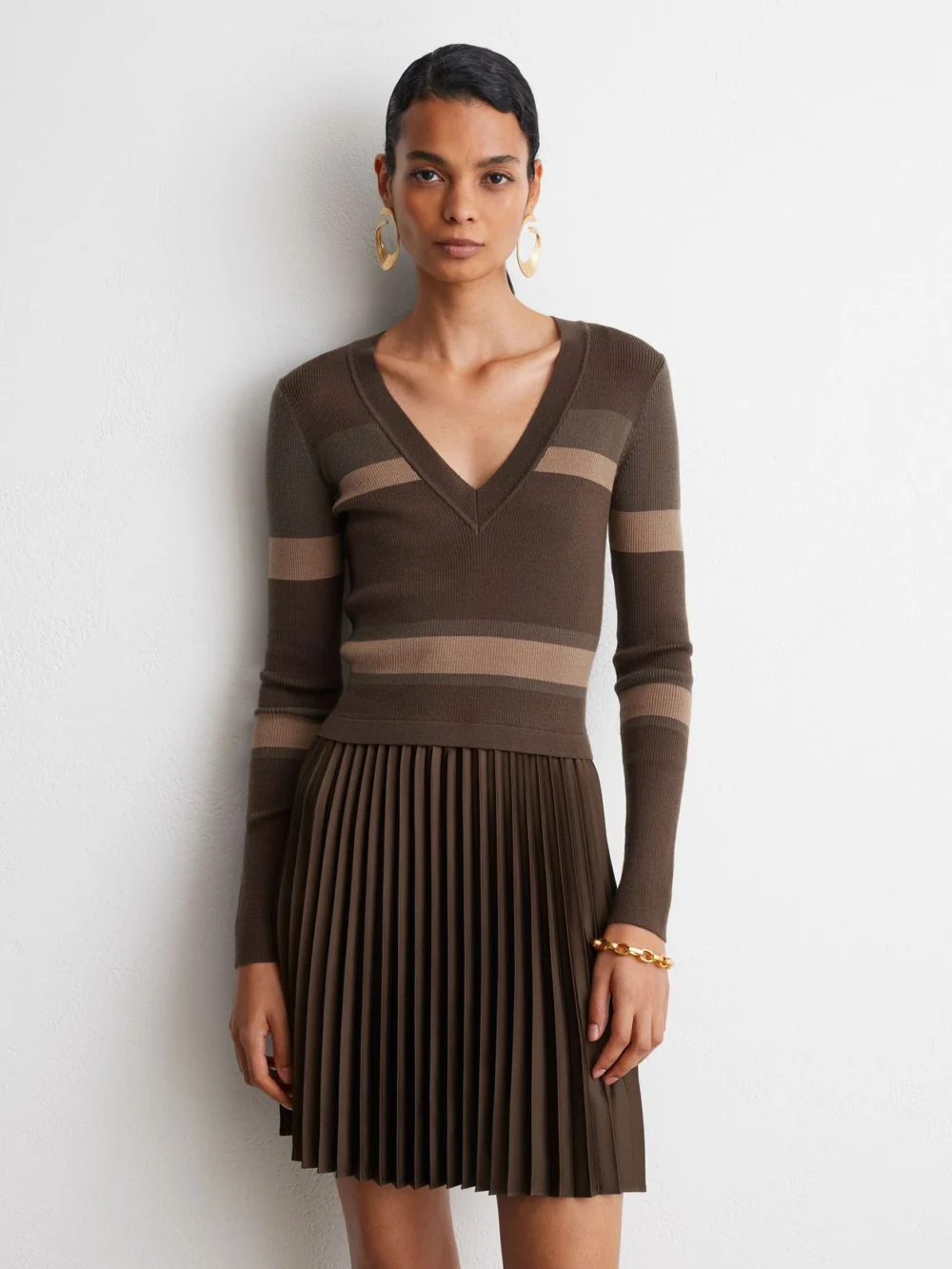 Reiss Chocolate Brown Striped Knit Mix Pleated Mini Dress