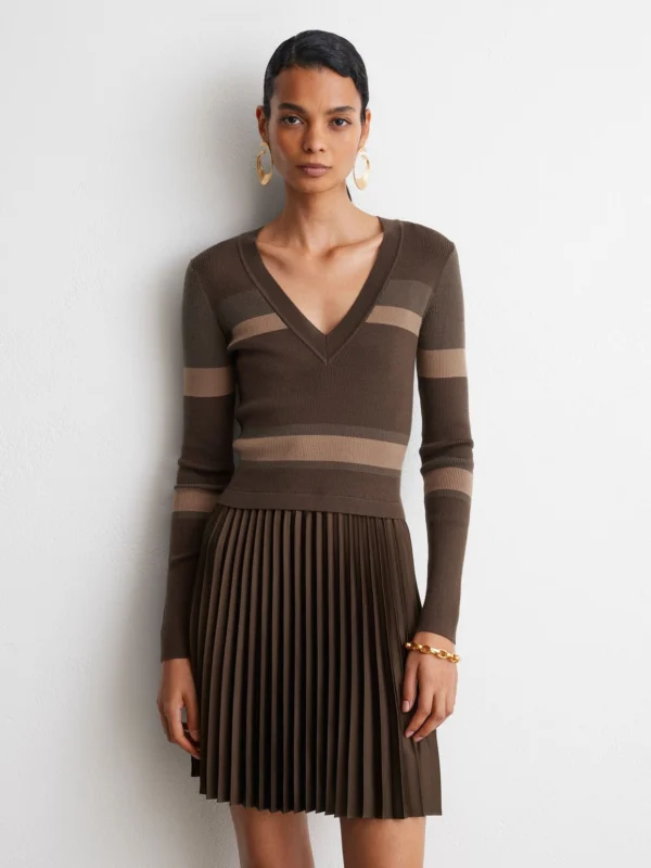 Reiss Chocolate Brown Striped Knit Mix Pleated Mini Dress