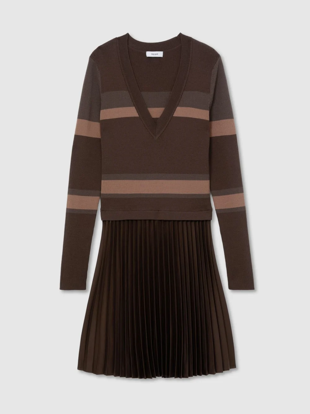 Reiss Chocolate Brown Striped Knit Mix Pleated Mini Dress, view 2