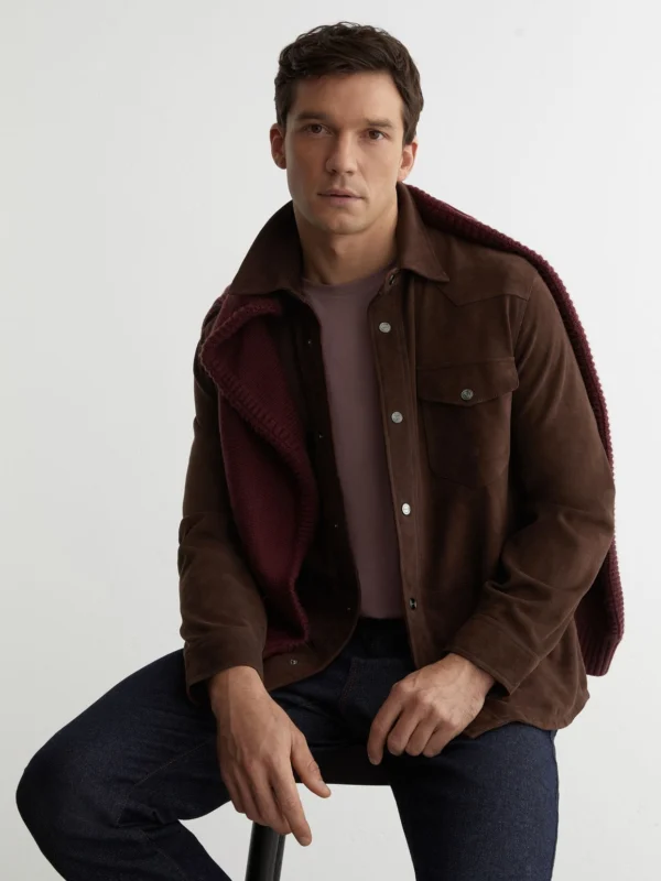 Reiss Chocolate Brown Suede Twin-pocket Trucker Jacket