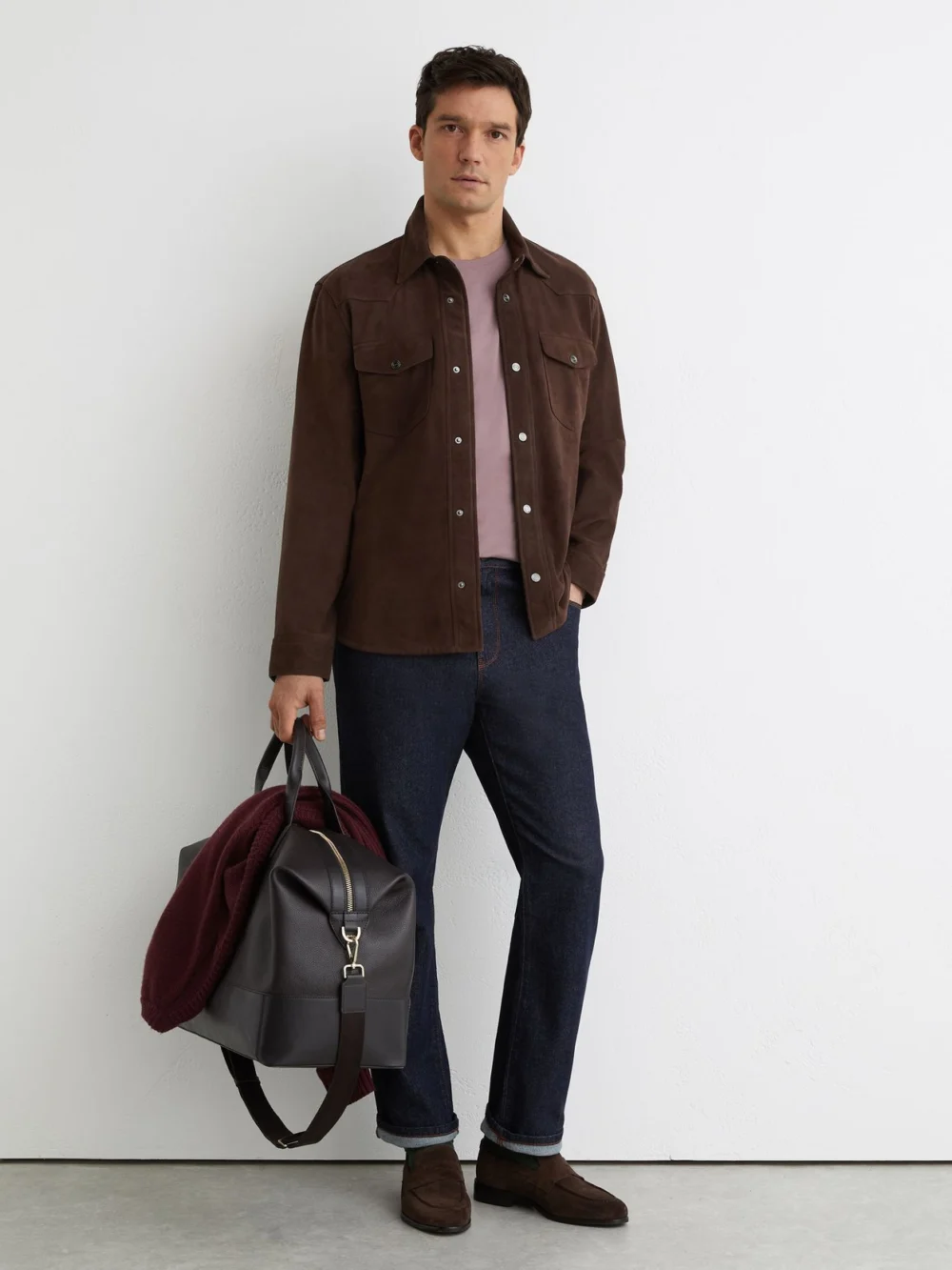 Reiss Chocolate Brown Suede Twin-pocket Trucker Jacket, view 3