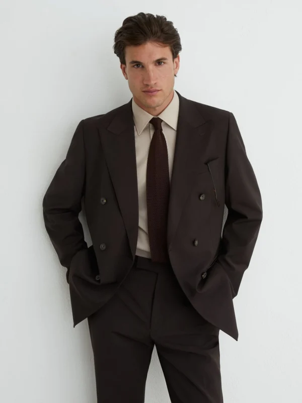 Reiss Chocolate Brown Tailored Fit Wool-blend Double-breasted Suit Blazer