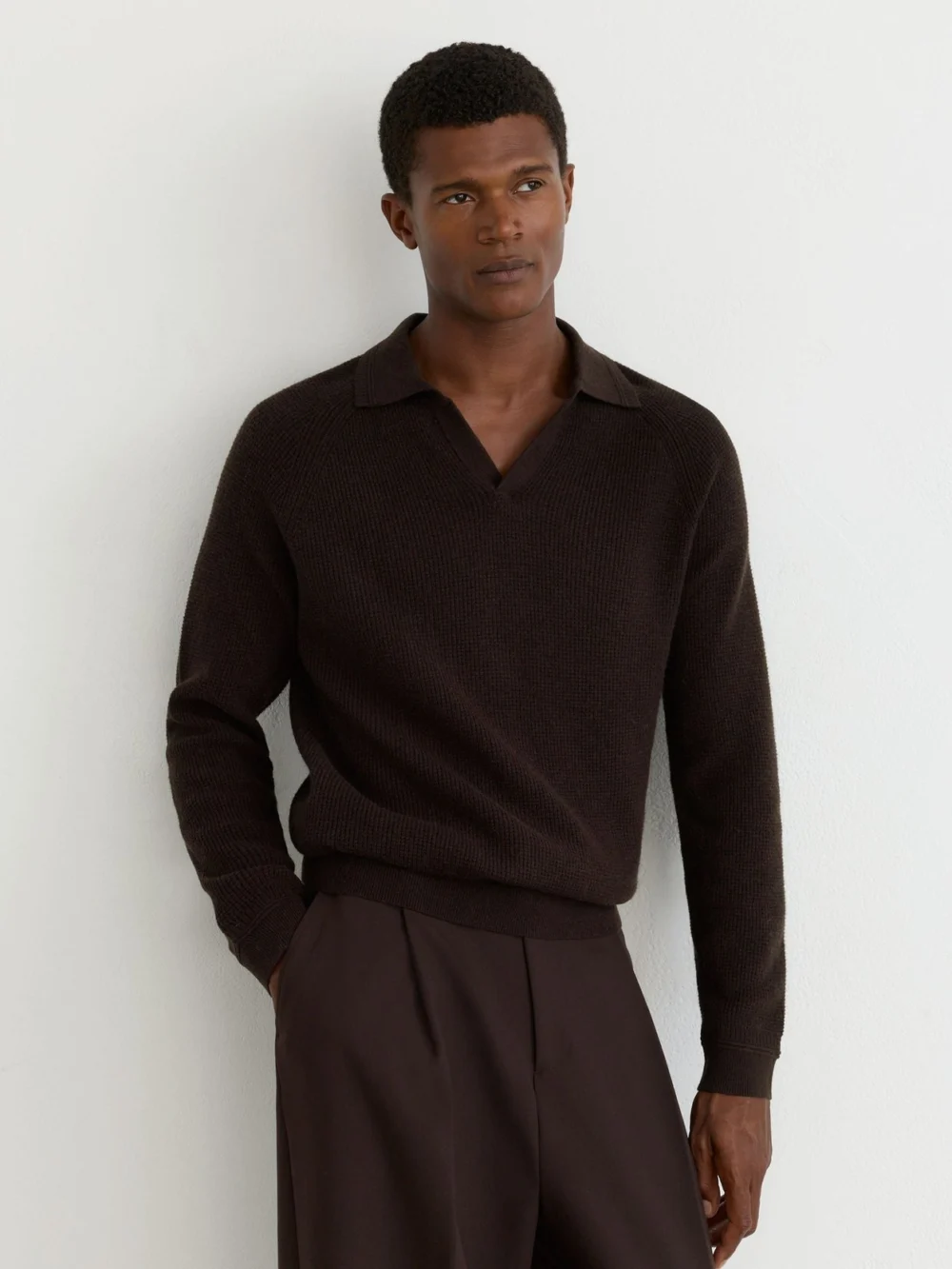 Reiss Chocolate Brown Textured-knit Open-collar Jumper with Wool
