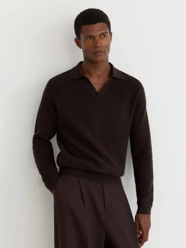 Reiss Chocolate Brown Textured-knit Open-collar Jumper with Wool