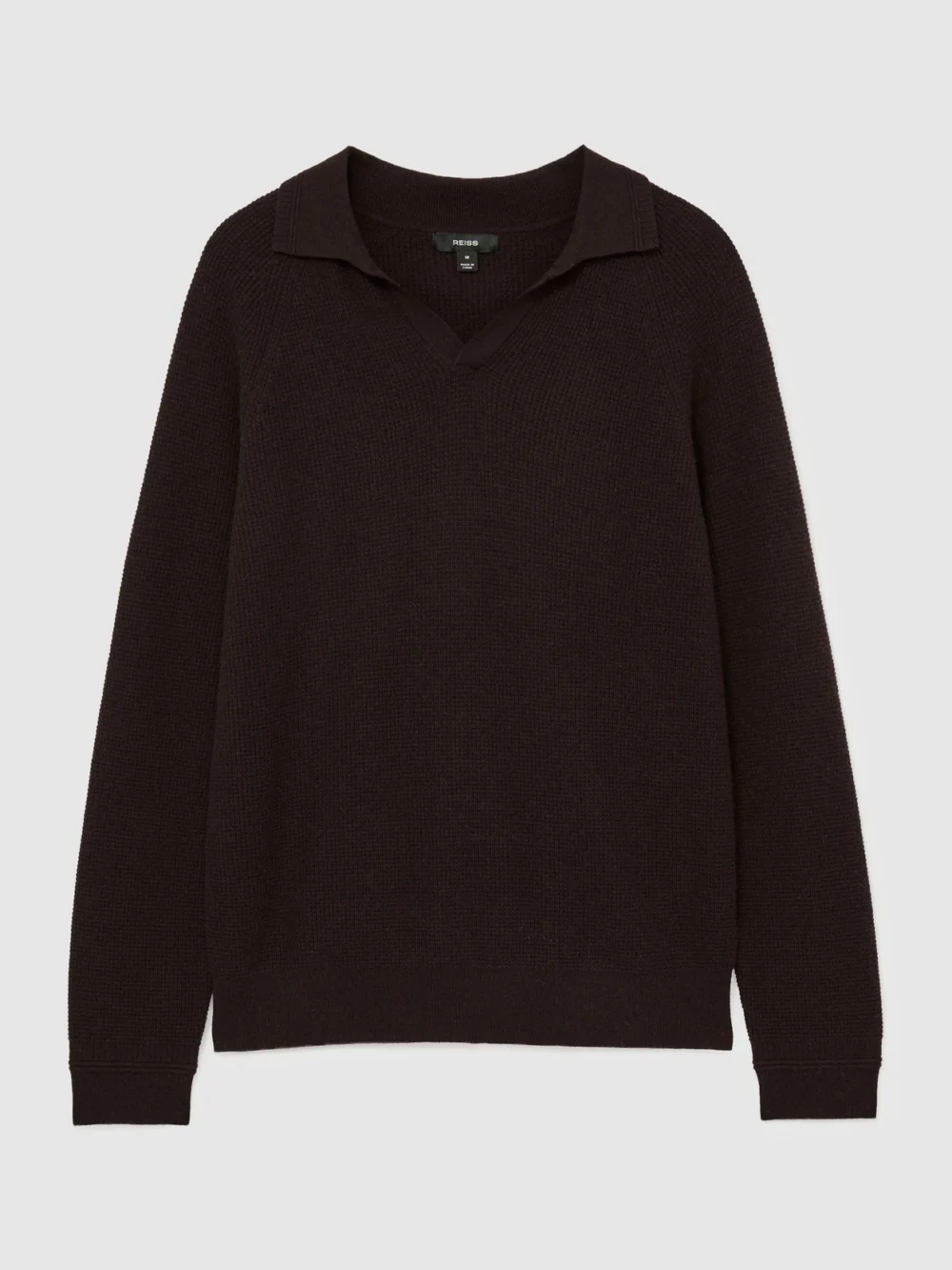 Reiss Chocolate Brown Textured-knit Open-collar Jumper with Wool, view 2