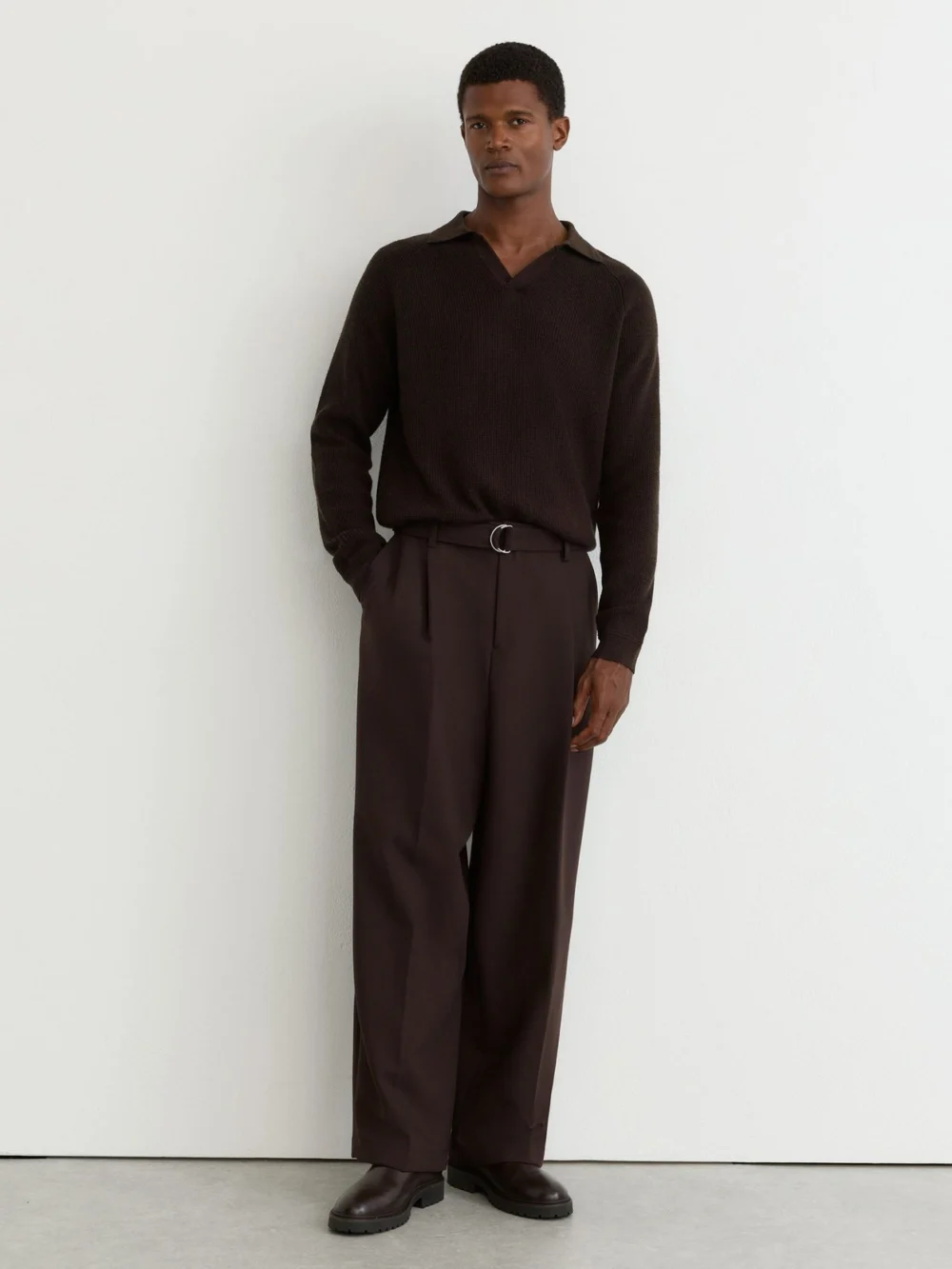Reiss Chocolate Brown Textured-knit Open-collar Jumper with Wool, view 3