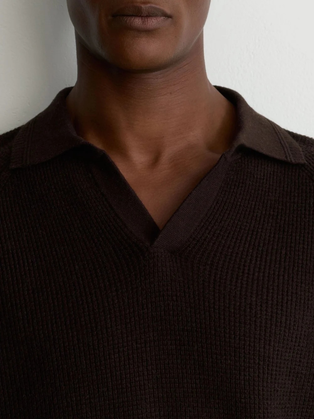 Reiss Chocolate Brown Textured-knit Open-collar Jumper with Wool, view 4