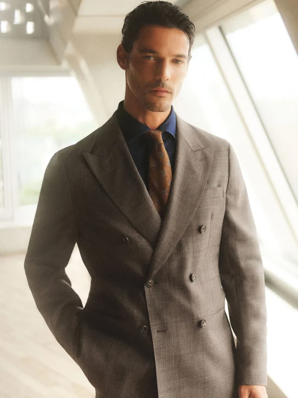 Reiss Chocolate Brown Wool-blend Check Double-breasted Suit Blazer Classic-fit