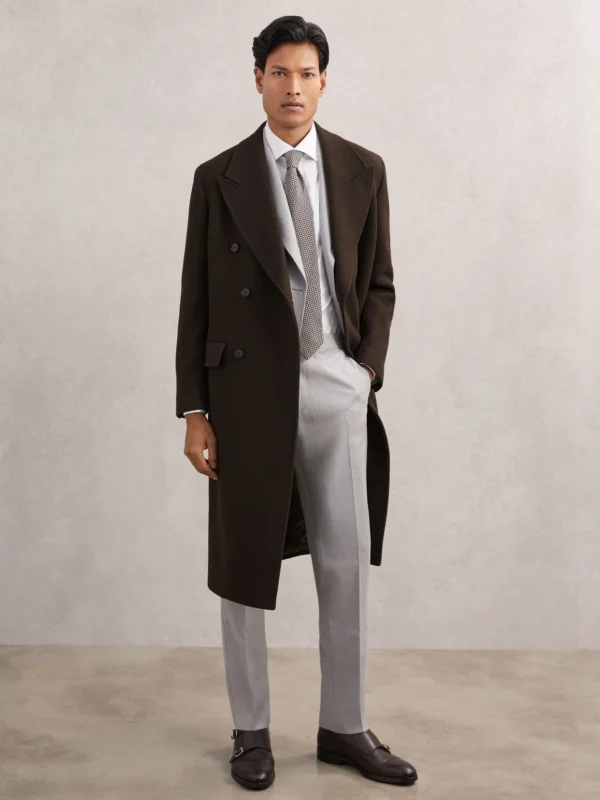 Reiss Chocolate Brown Wool-blend Double-breasted Overcoat