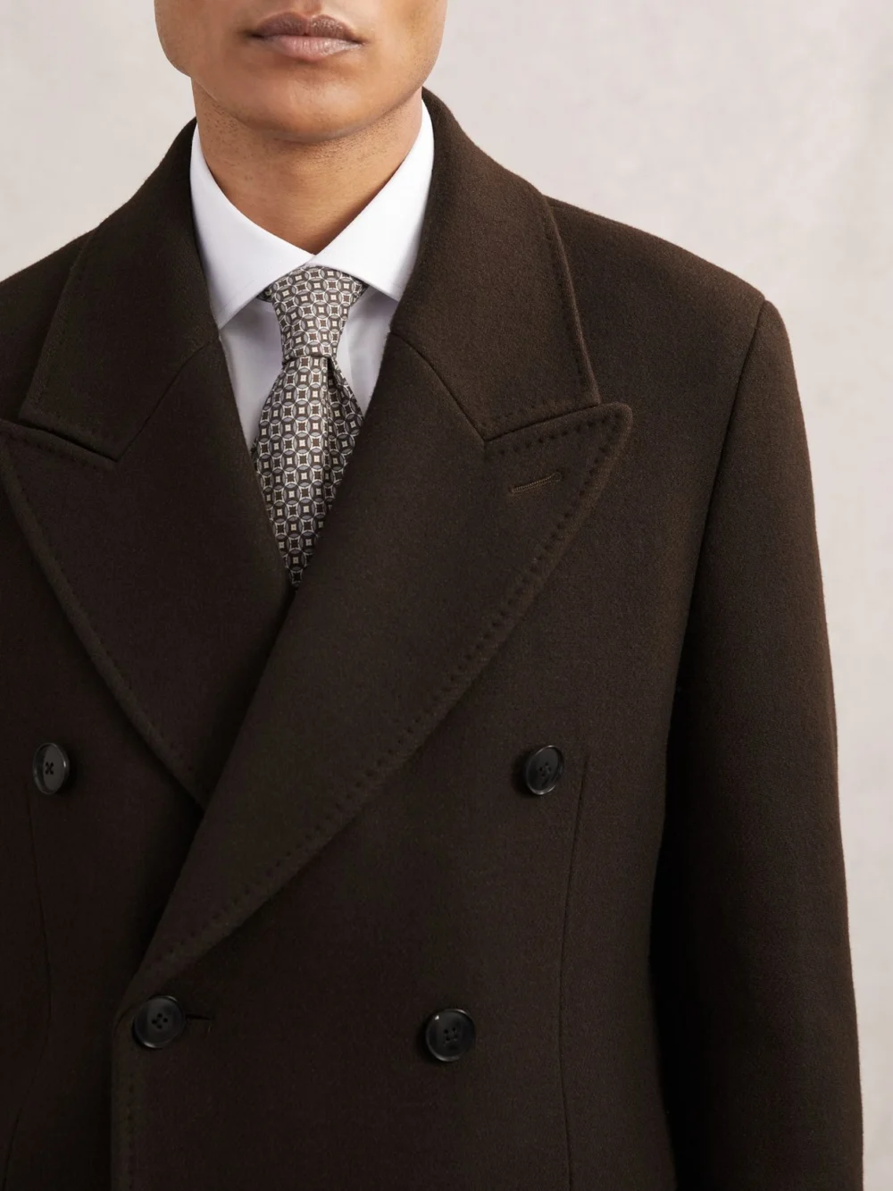 Reiss Chocolate Brown Wool-blend Double-breasted Overcoat, view 4