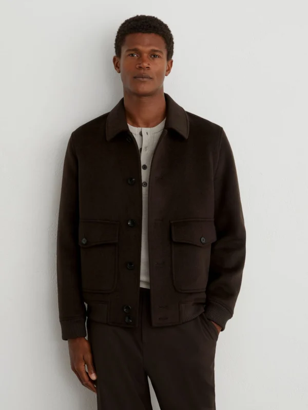 Reiss Chocolate Brown Wool-blend Flap-pocket Bomber Jacket