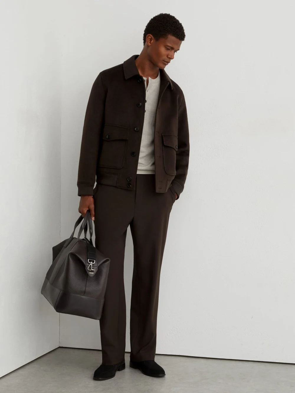 Reiss Chocolate Brown Wool-blend Flap-pocket Bomber Jacket, view 4