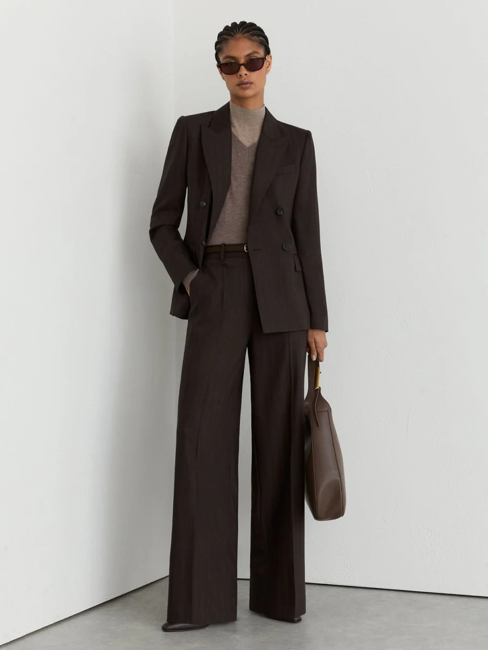 Reiss Chocolate Brown Wool-blend Herringbone Double-breasted Blazer, view 4