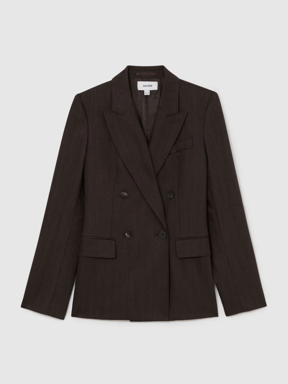 Reiss Chocolate Brown Wool-blend Herringbone Double-breasted Blazer, view 6
