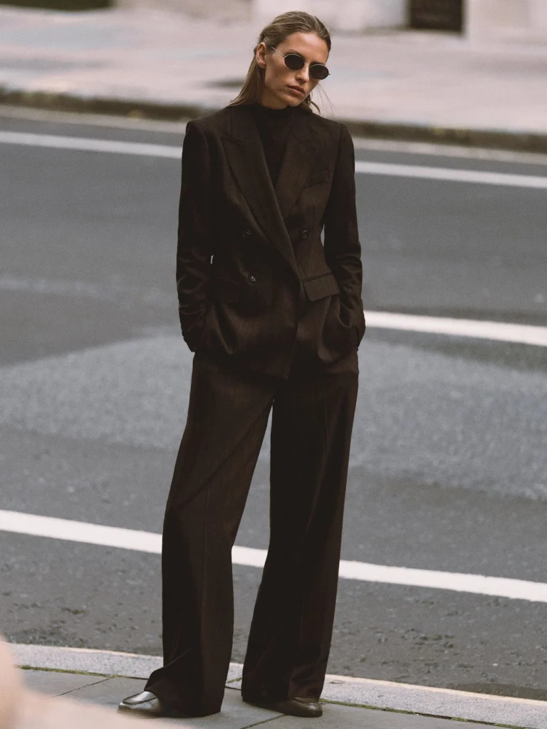Reiss Chocolate Brown Wool-blend Herringbone Wide-leg Trousers