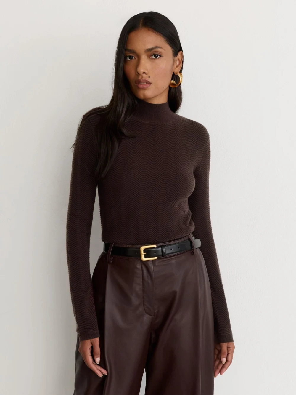 Reiss Chocolate Brown Wool-blend Textured-knit Top, view 3