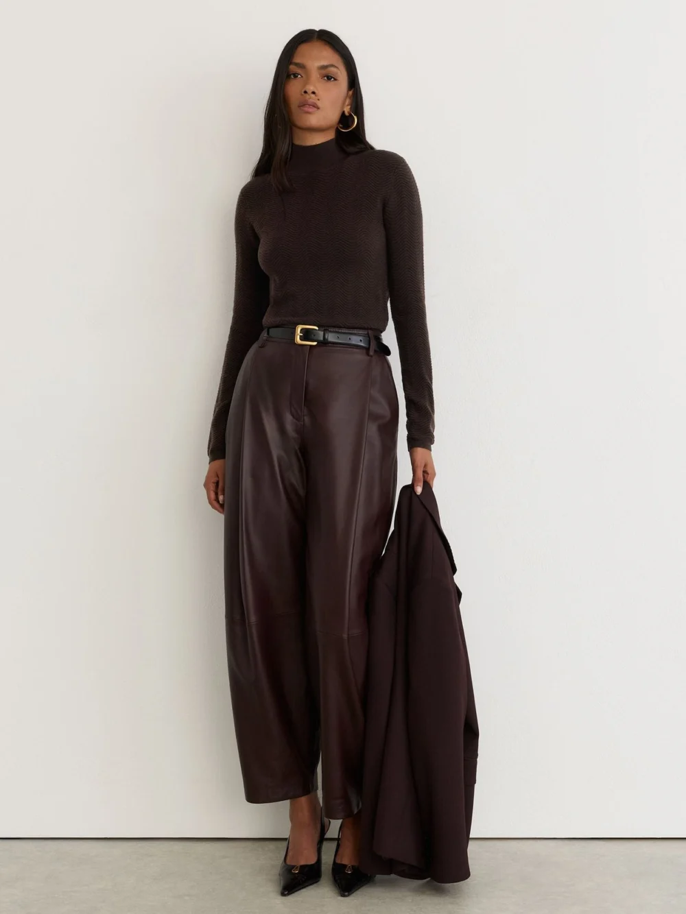 Reiss Chocolate Brown Wool-blend Textured-knit Top, view 4