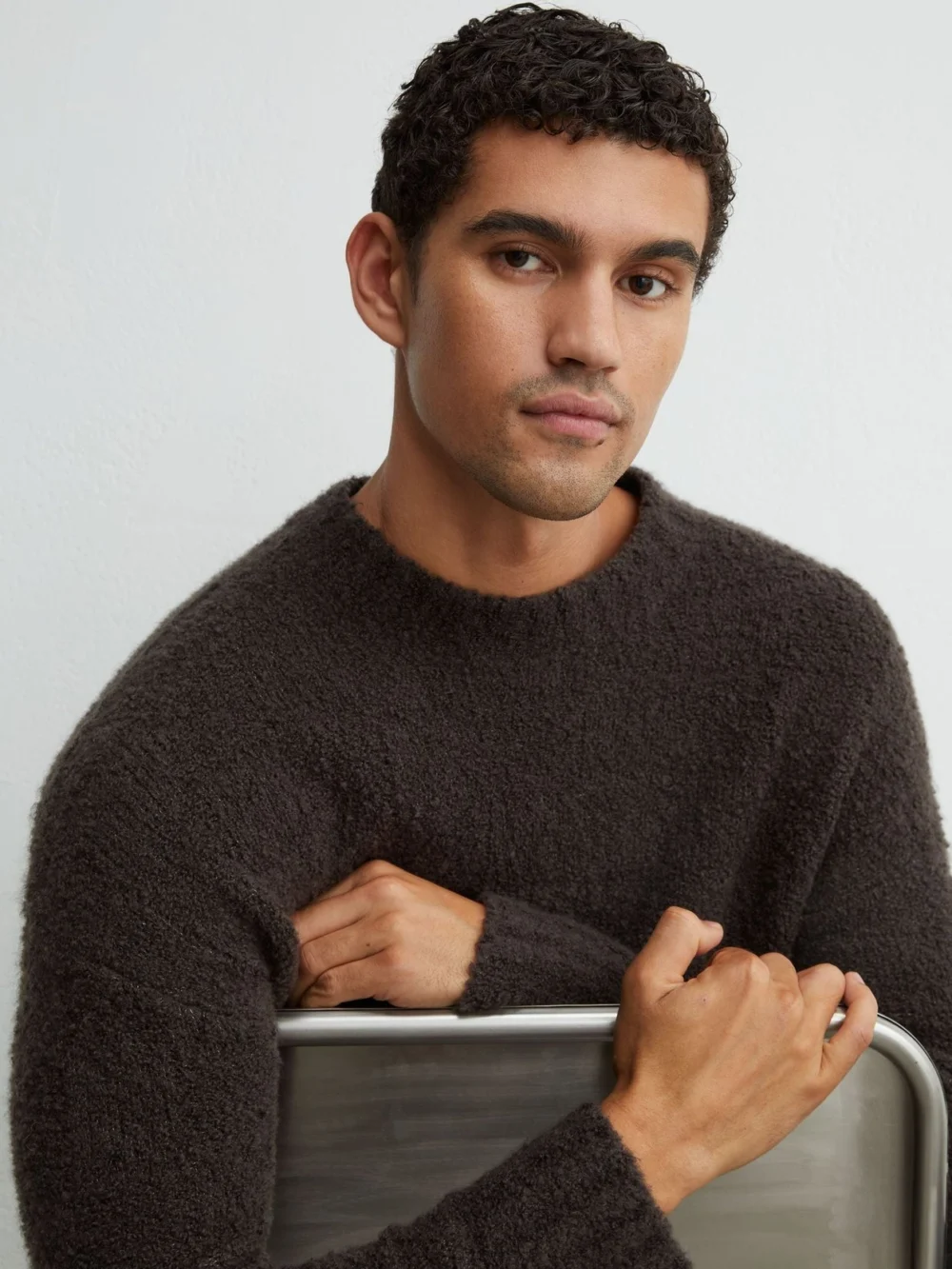 Reiss Chocolate Brown Wool-cashmere Bouclé Square-knit Jumper