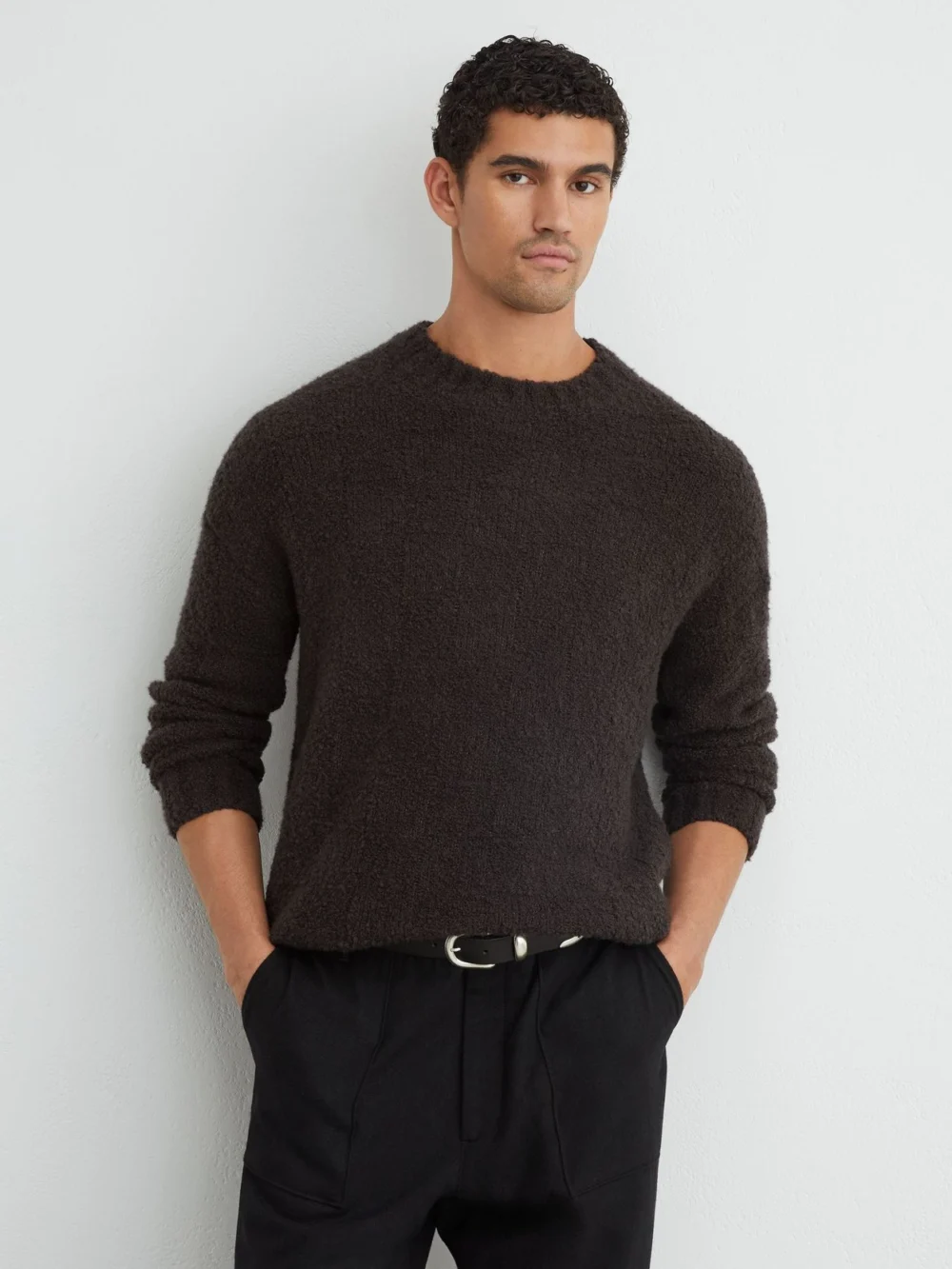 Reiss Chocolate Brown Wool-cashmere Bouclé Square-knit Jumper, view 3