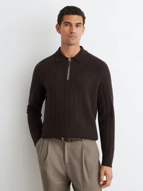 Reiss Chocolate Brown Wool Stitch-detail Half-zip Polo Jumper