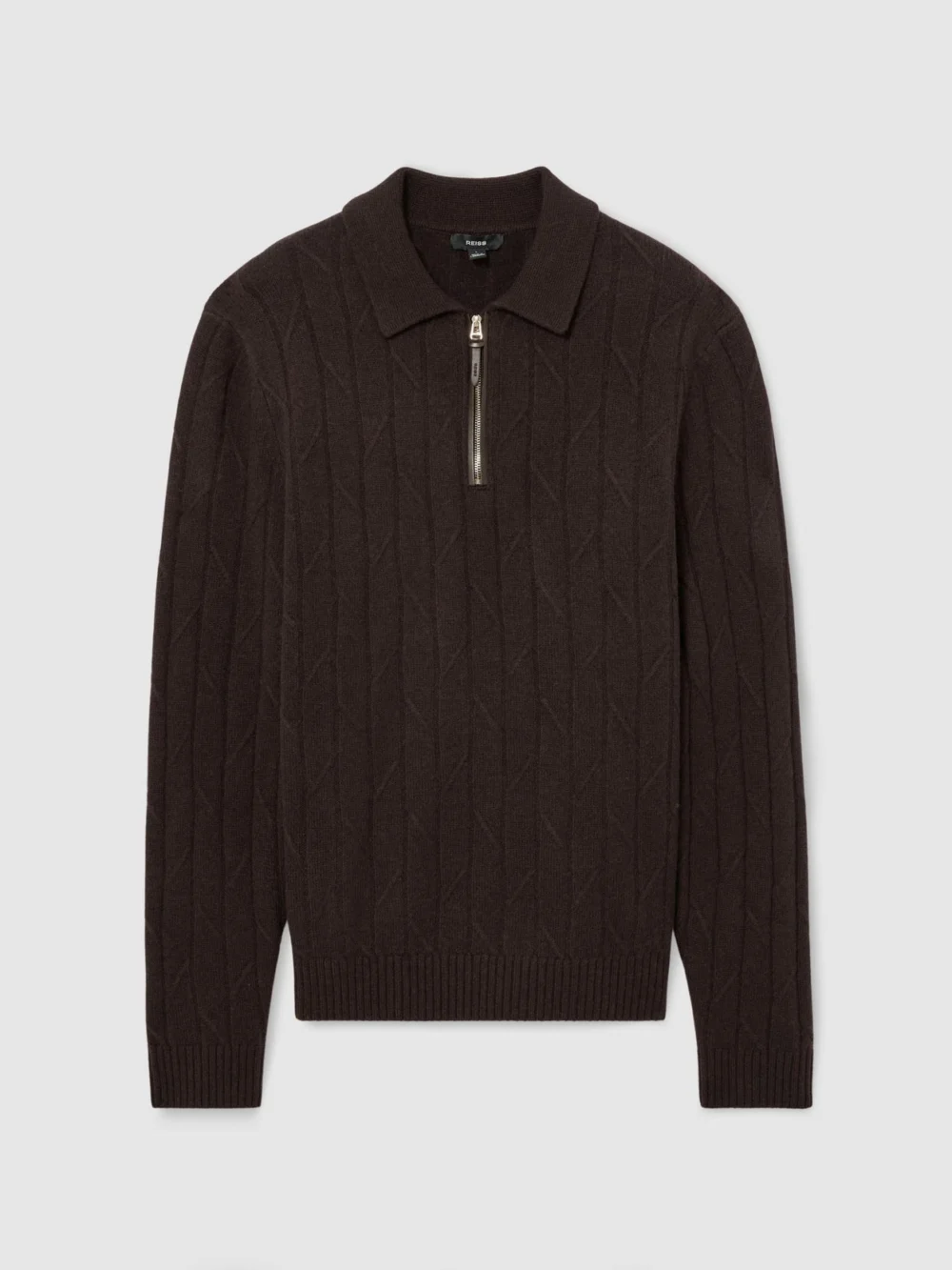 Reiss Chocolate Brown Wool Stitch-detail Half-zip Polo Jumper, view 2