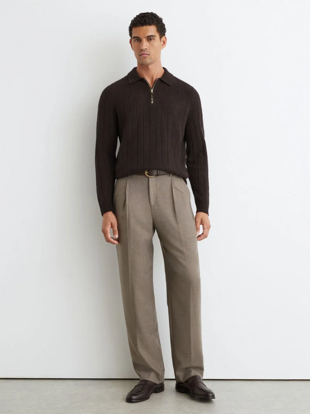 Reiss Chocolate Brown Wool Stitch-detail Half-zip Polo Jumper, view 3