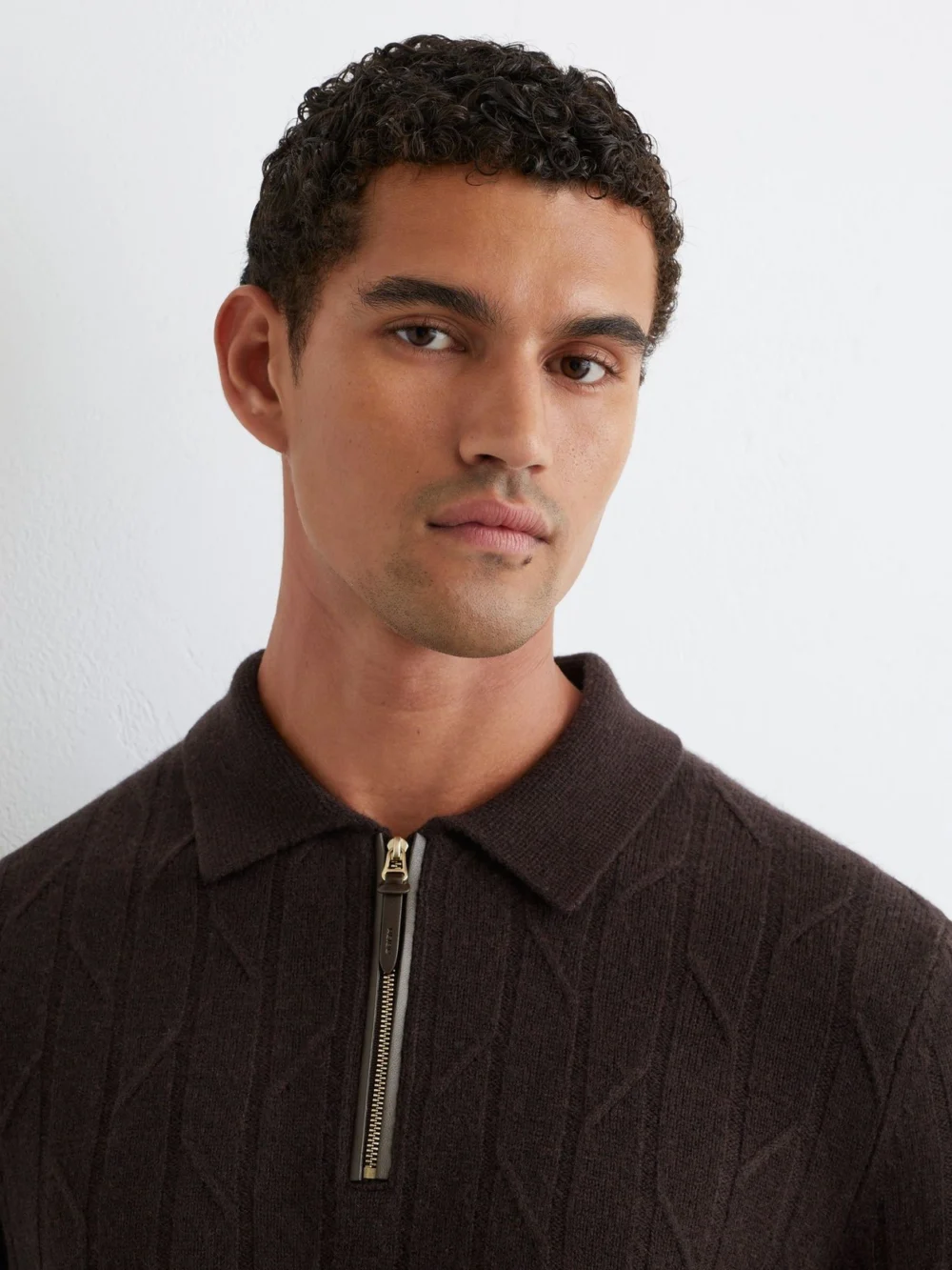 Reiss Chocolate Brown Wool Stitch-detail Half-zip Polo Jumper, view 4