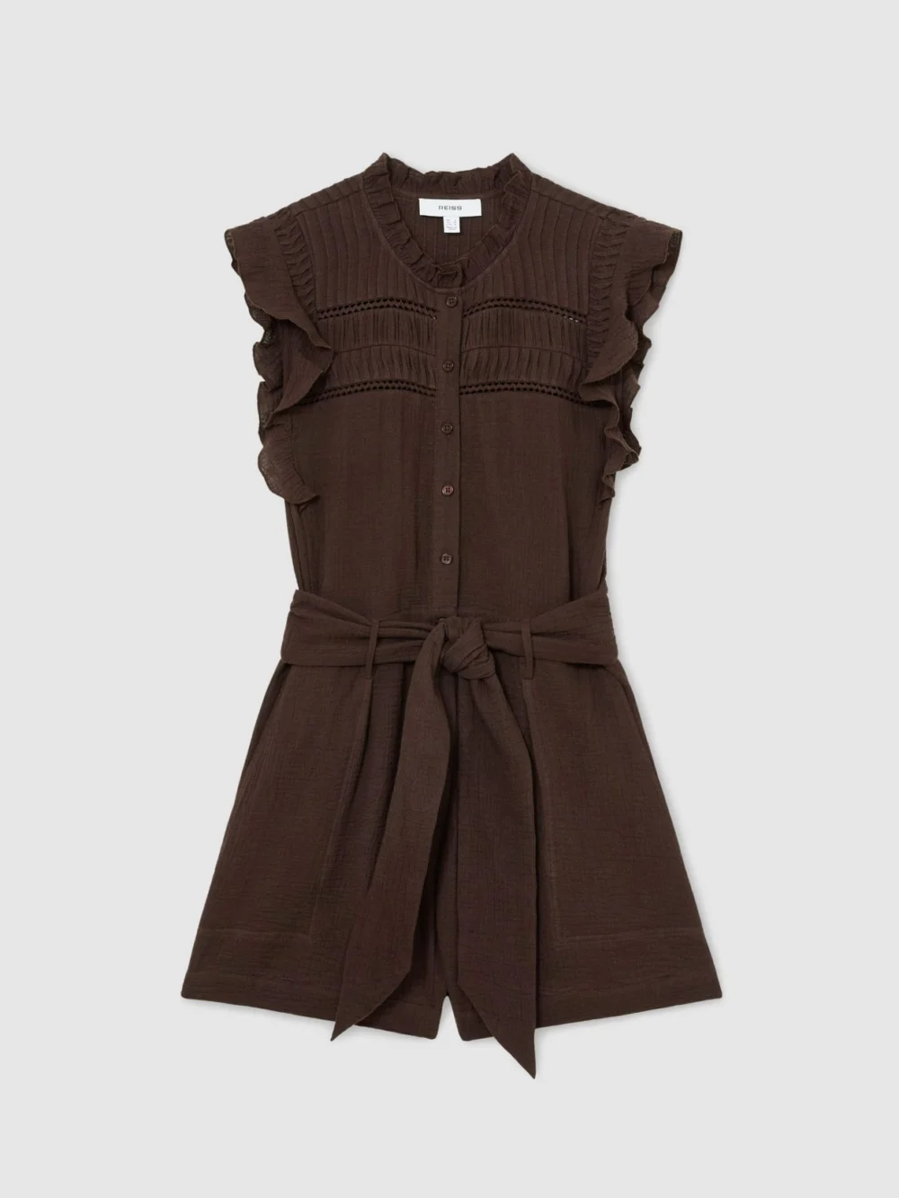 Reiss Chocolate Cotton Cheesecloth Ruffle-detail Playsuit, view 2