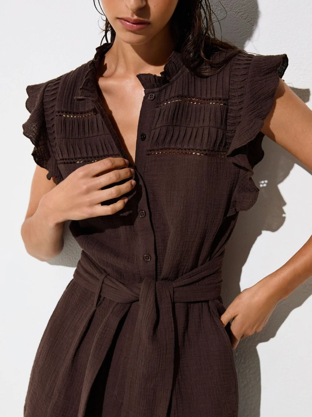 Reiss Chocolate Cotton Cheesecloth Ruffle-detail Playsuit, view 3